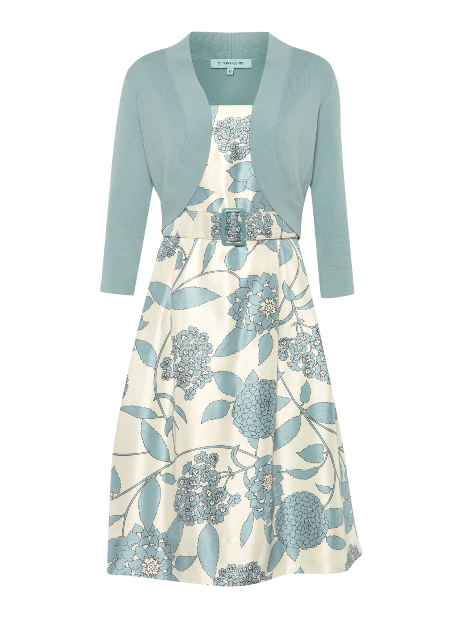 Dickins & Jones Floral Belted Dress with Matching Cardigan in White