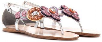 Miu Miu Glitter Trimmed Metallic Leather Sandals - Lyst
