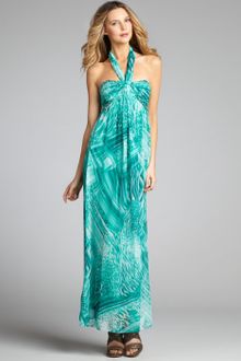 Laundry By Shelli Segal Turquoise Printed Chiffon Pleated Crystal Embellished Gown - Lyst