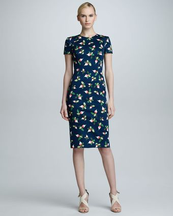 Carolina Herrera Radish-Print Short-Sleeve Sheath Dress Navy - Lyst