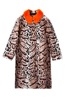 MSGM Leopard Pony Hair Coat with Orange Fur Collar - Lyst