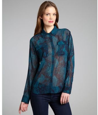Tahari Teal and Navy Snake Printed Chiffon Bella Blouse - Lyst