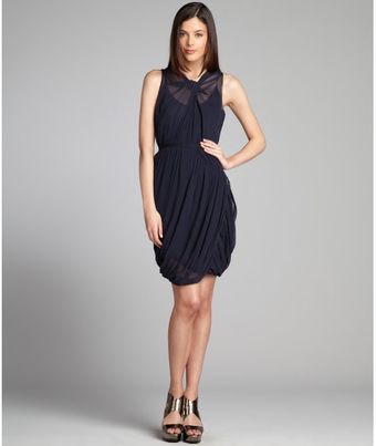 Vera Wang Lavender Navy Crinkle Silk Chiffon Draped Knotted Sleeveless Dress - Lyst