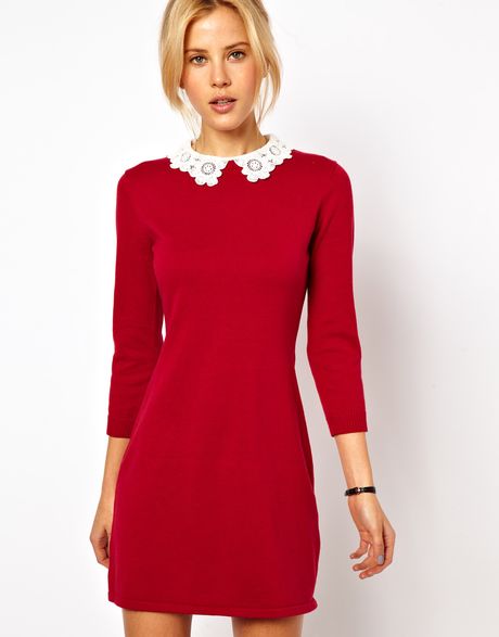 Asos Knit Dress with Lace Collar in Red (tomatored)
