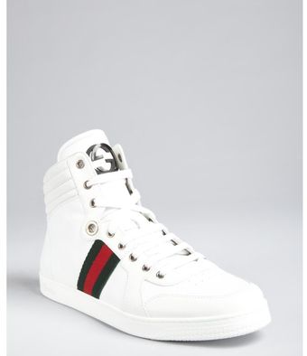Gucci White Grained Leather Web Stripe High Top Sneakers - Lyst