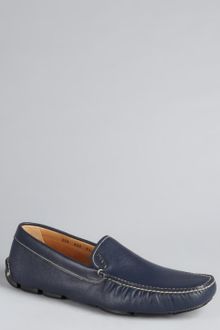 Prada Navy Pebbled Leather Square Moc Toe Loafers - Lyst