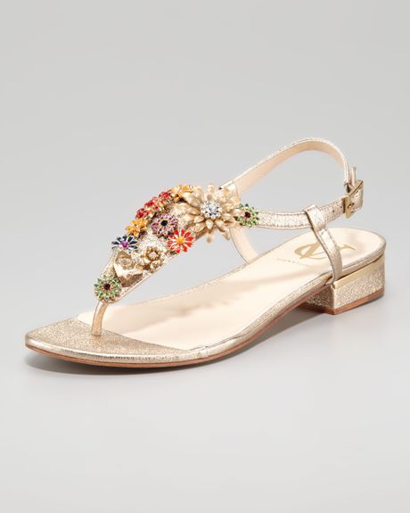 ... Marla Floral Brooch Flat Thong Sandals in Gold (pale gold) - Lyst