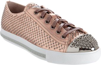 Miu Miu Metallic Studded Round Toe Sneaker - Lyst