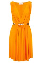 David Szeto Tangerine Belted Pleat Dress