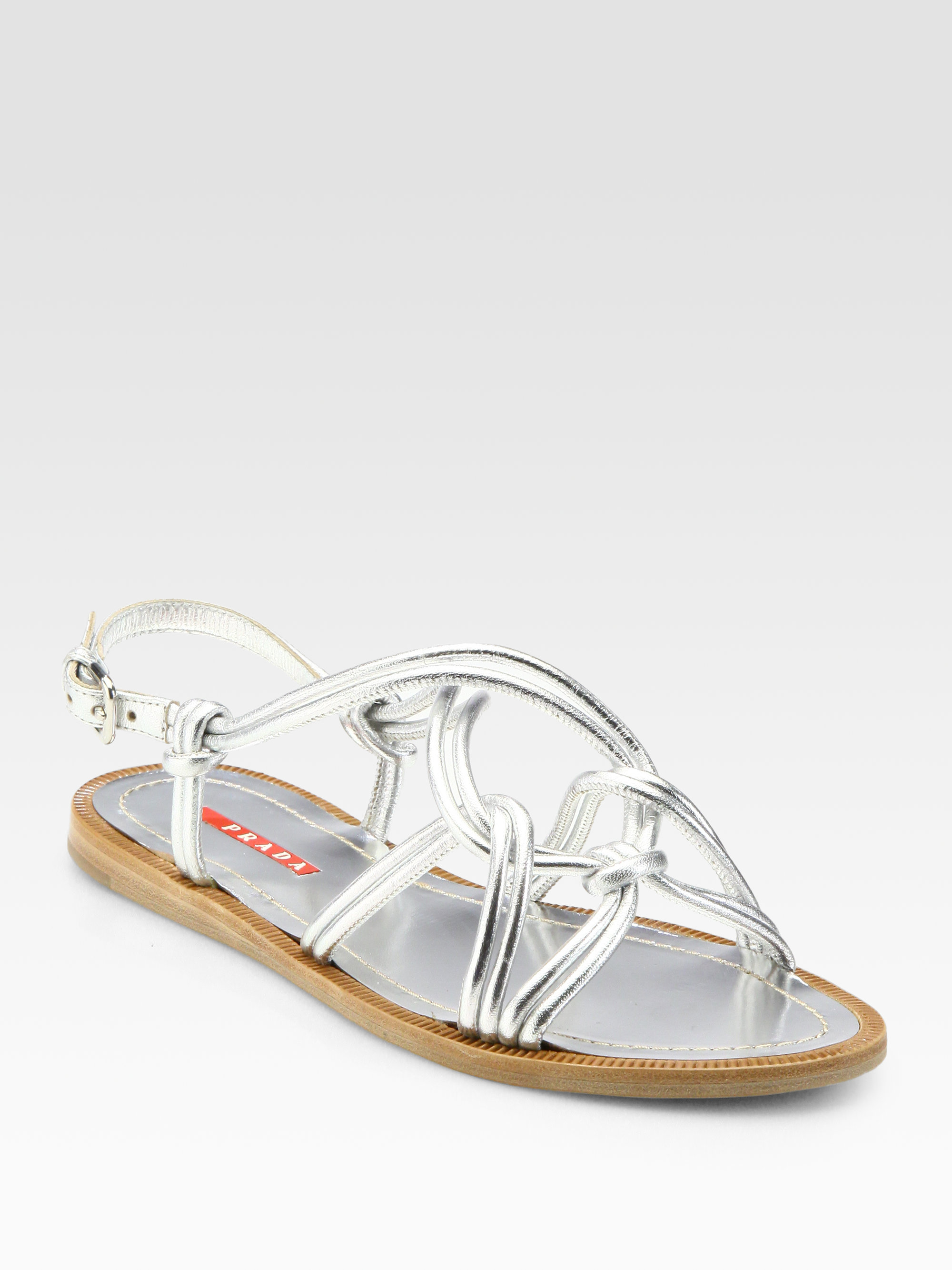 Prada Metallic Leather Tubular Rope Sandals in Silver (argento-silver)