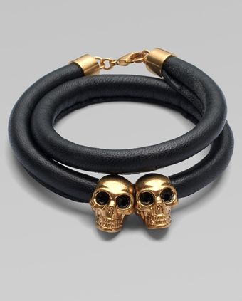 Alexander McQueen Double Skull Leather Wrap Bracelet - Lyst