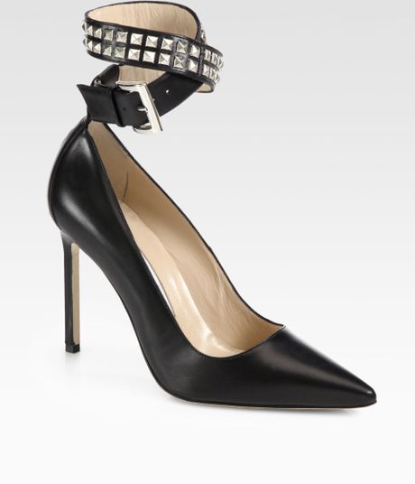 black leather pumps with ankle strap