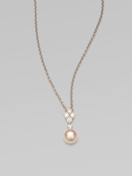 Diamond Accented 18k White Gold 8mm Akoya Pearl Pendant Necklace