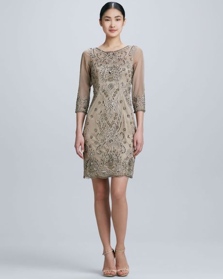 Sue Wong Three Quarter Sleeve Cocktail Dress in Beige (taupe)