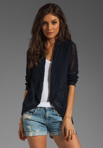 Autumn Cashmere 34 Sleeve Pointelle Drape Cardi in Navy Blue - Lyst