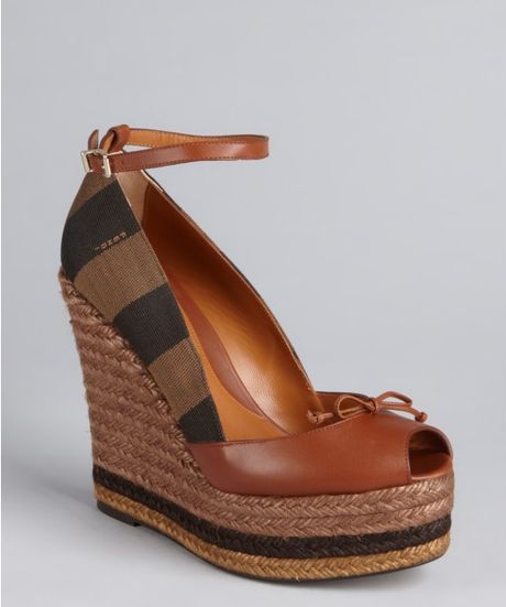 ... Brown Striped Canvas and Leather Jute Wedge Sandals in Brown (brown