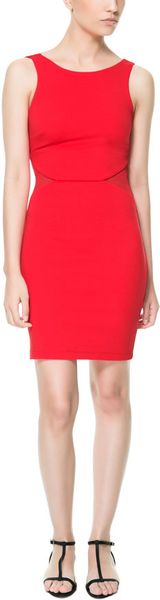 Zara Fitted Dress with Sheer Cutout Waist in Red (Strawberry) | Lyst