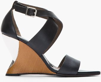 Marni Black Leather and Silver Wedge Sandals - Lyst