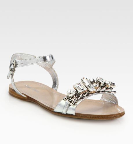 Miu Jeweled Capretto LamÃ© Metallic Leather Sandals in (argento-silver ...