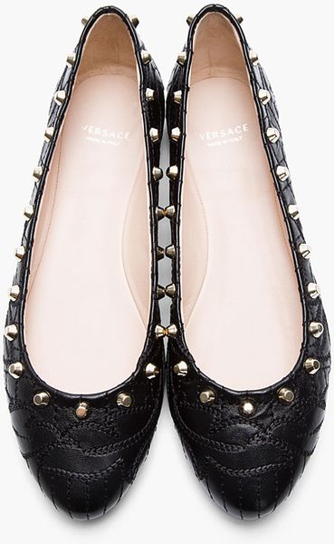 Versace Black Goat Leather Studded Ballerina Flats in Black | Lyst