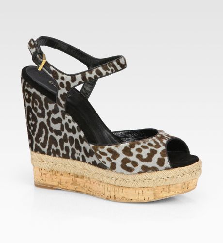 Gucci Leopardprint Calf Hair Espadrille Wedges in Black (beige multi ...