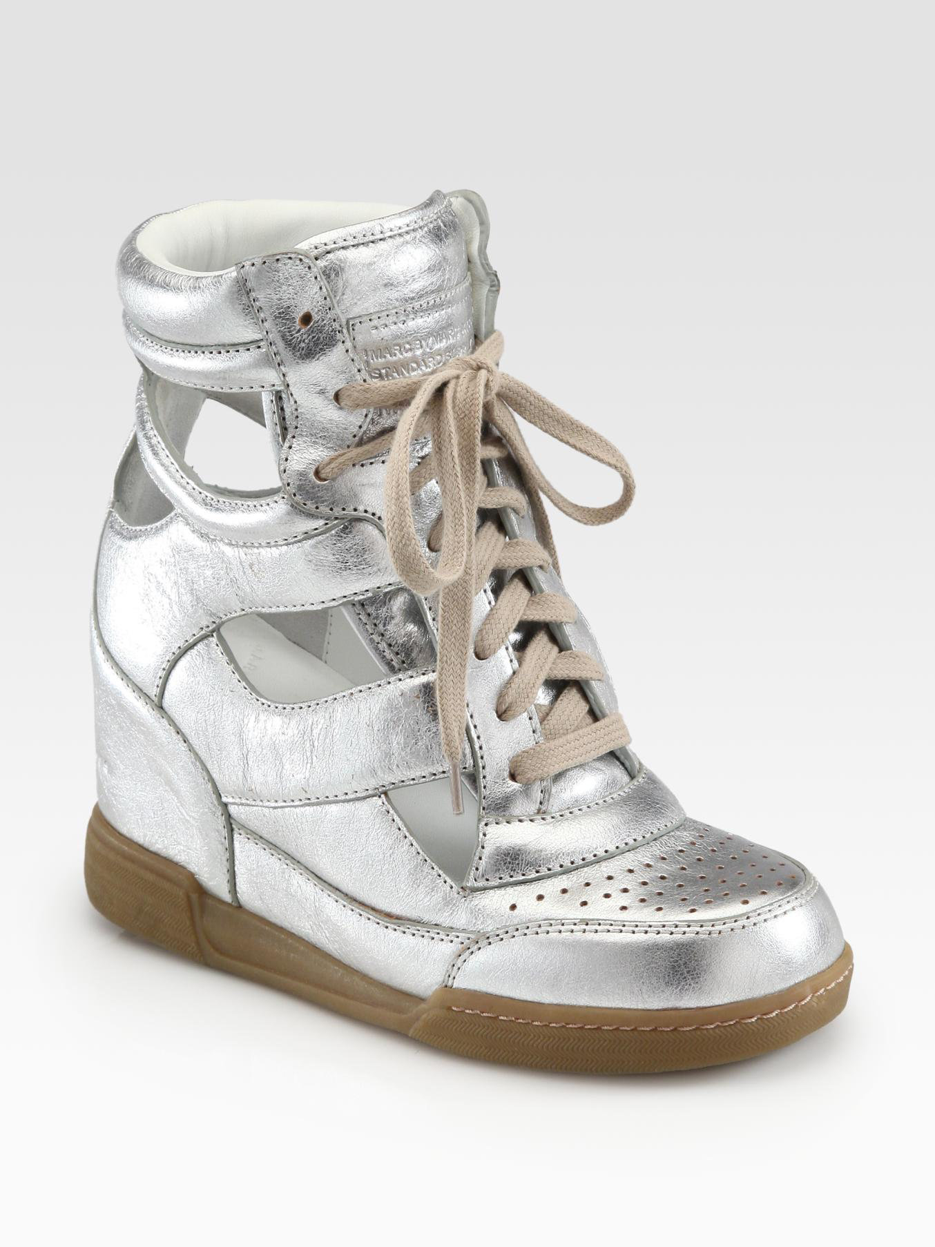 Marc By Marc Jacobs Cutout Metallic Leather Wedge Sneakers in (silver