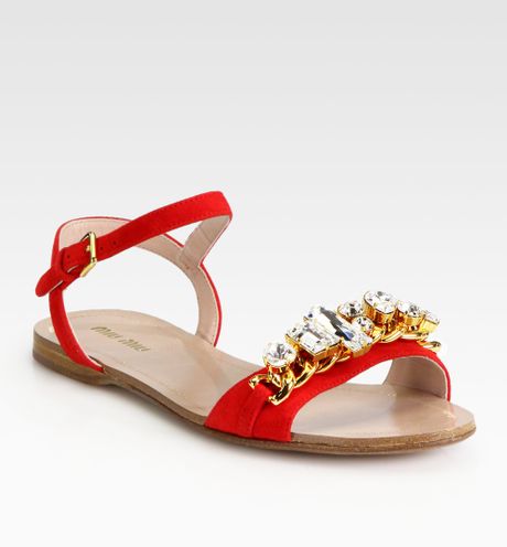 Miu Miu Jeweled Suede Sandals in Red (rosso-red) | Lyst