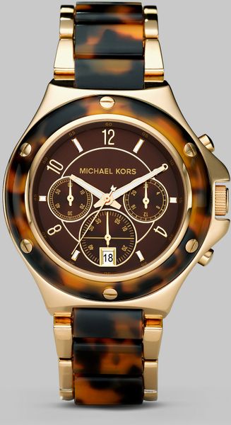Michael Kors Gold Stainless Steel Tortoise Acetate Chronograph Watch ...