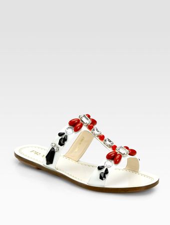 Prada Jeweled Saffiano Patent Leather Tstrap Sandals - Lyst