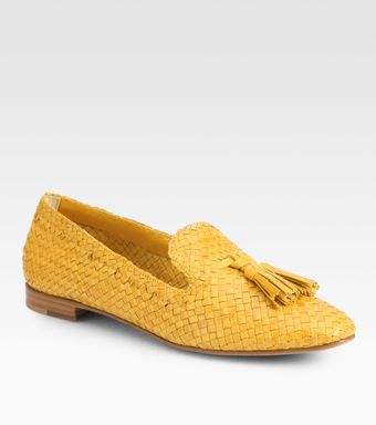 Prada Woven Leather Tassel Smoking Slippers - Lyst