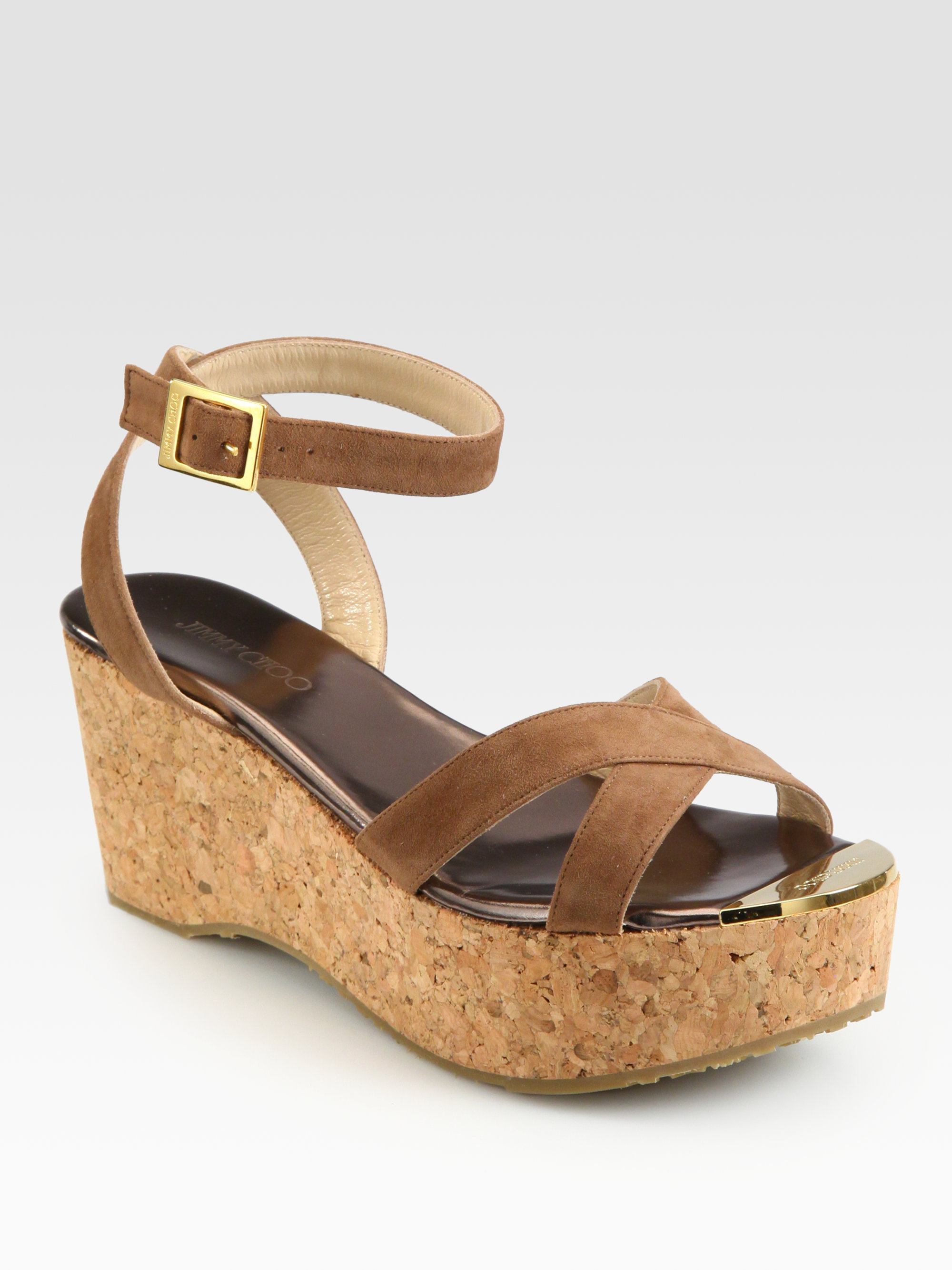 Jimmy Choo Panther Suede Cork Wedge Sandals In Brown Tan Lyst