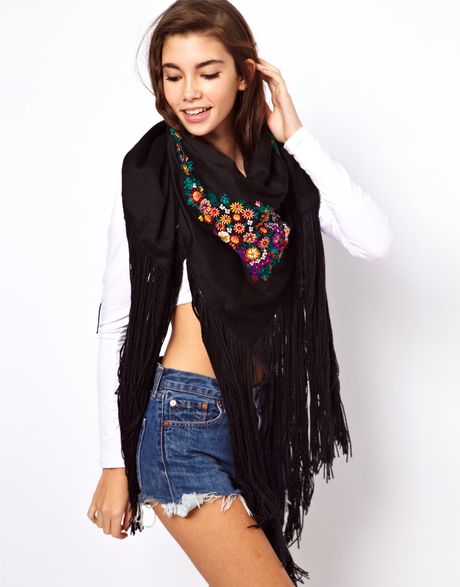 Asos Oversized Hand Embroidered Tassel Scarf in Black | Lyst