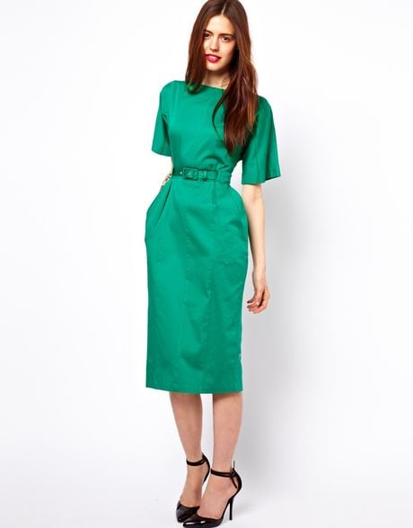 Asos Wiggle Dress with Belt in Green | Lyst
