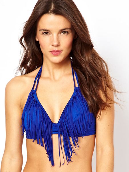 Asos Fringed Fuller Bust Plunge Bikini Top Df In Blue Navy Lyst