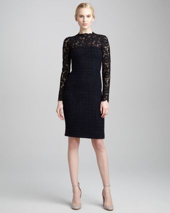 Valentino Laceyoke Tweed Boucle Dress Blueblack - Lyst