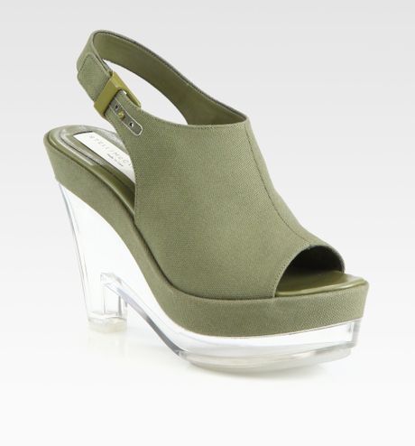 Stella Mccartney Canvas Plexi Wedge Slingback Sandals in Green | Lyst