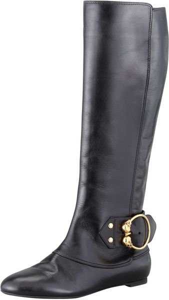 Alexander McQueen Buckled Flat Leather Knee Boot Black - Lyst