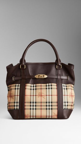 Burberry Medium Leather Haymarket Check Tote Bag in Brown (chocolate) | Lyst
