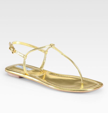 Prada Metallic Leather Thong Flat Sandals in Gold (oro-gold) | Lyst