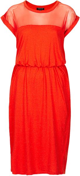 Topshop Mesh Yoke Elastic Waist Dress in Orange | Lyst