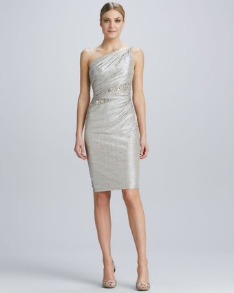 David Meister One Shoulder Beaded Waist Cocktail Dress - Lyst