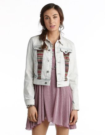 Free People Denim Jacket with Aztec Sweater Insets - Lyst