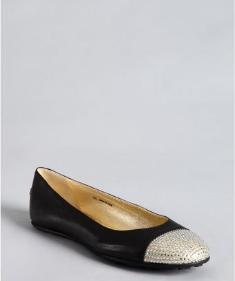 Jimmy Choo Black and Silver Leather Rhinestone Cap Toe Ballet Flats - Lyst