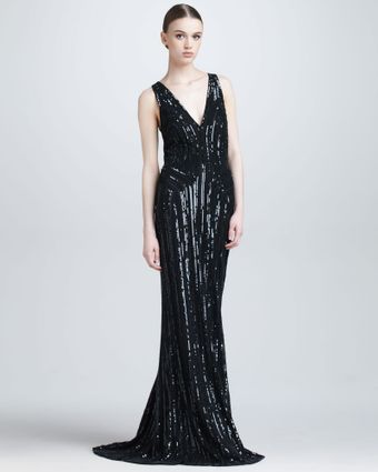 Elie Saab Sequined Plunging Evening Gown - Lyst