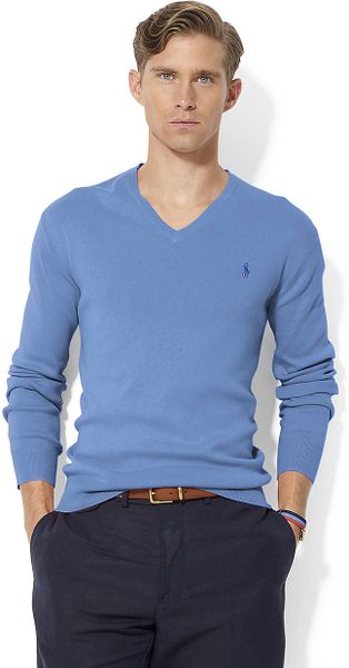 Polo Ralph Lauren Longsleeved Pima Cotton V Neck Sweater In Blue For