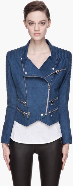 Balmain Blue Quilted Denim Sprint Biker Jacket - Lyst