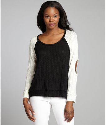 LNA Black and Cream Textured Cotton Blend Elbow Cutout Sweater - Lyst