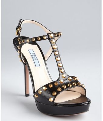 Prada Black Crosshatched Leather Studded Tstrap Sandals - Lyst