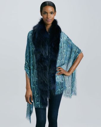 Roberto Cavalli Printed Stole with Fox Fur Trim - Lyst