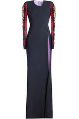 Fausto Puglisi Wool Crepe Long Dress with Embroidered Tartan Sleeves